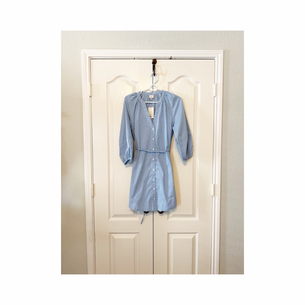 A New Day Balloon 3/4 Sleeve Mini Shirtdress - Blue & White Stripe - XS